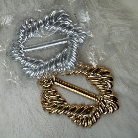 Set of Two - Silver & Gold - Vintage Large Plastic Belt Buckles - Taiwan 80s 90s - Picture 1 of 6